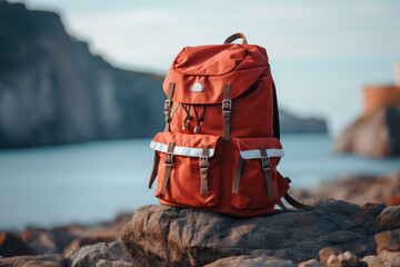 Close up tourist backpack on the rocks against the backdrop of mountains and river. Wellbeing lifestyle, travel and tourism concept