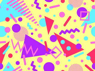 Geometric seamless pattern with memphis elements in 80s style. Colorful geometric pattern. Design of promotional products, wrapping paper and printing. Vector illustration
