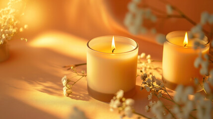 Obraz na płótnie Canvas Orange aroma scented candles on orange background 