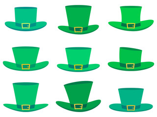 Leprechaun hat icon set isolated on white background. Collection of leprechaun hats for St. Patrick's Day. Hats design for greeting cards, banners and posters. Vector illustration