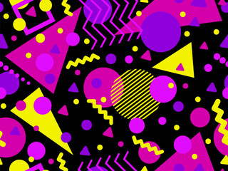 80s seamless pattern with geometric shapes in memphis style. Circles and triangles. Colorful abstract background for printing on promotional items, banners and wrapping paper. Vector illustration