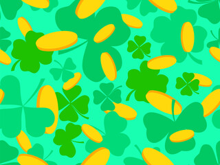 Seamless pattern with green clover leaves and gold coins for St. Patrick's Day. Symbols of the Irish holiday. Festive design for wallpaper, banner and cover. Vector illustration