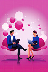 man and woman using laptops and speech bubbles,