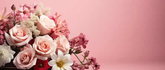 Bouquet of pink and white flowers on a pink background . Springtime Concept. Mothers Day Concept with a Copy Space. Valentine's Day with a Copy Space.	