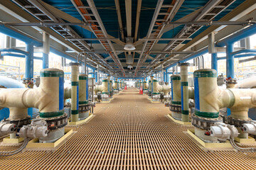 Water pumps in the tanks of a reverse osmosis desalination plant.