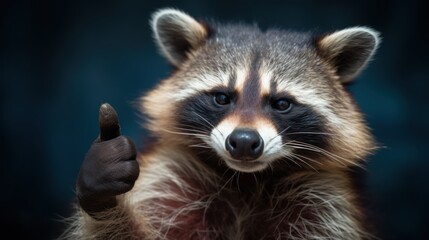 Portrait of friendly raccoon making thumbs up. - obrazy, fototapety, plakaty