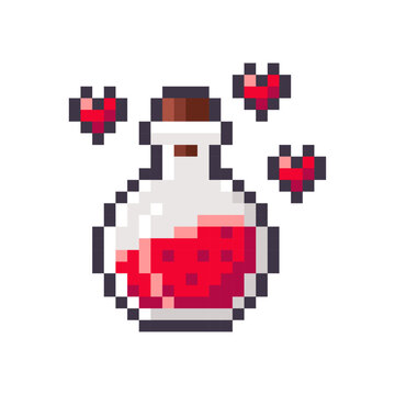 Love potion in glass bottle isolated on white background. Chemistry glass bulb with red liquid. Magic elixir pixel icon. Vector illustration of Valentine's Day elements in 16 bit style.