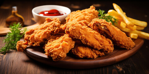 Crispy Fried Chicken Meal with Tasty Sauce, Delicious and Unhealthy Dinner Dish on a Wooden Plate.