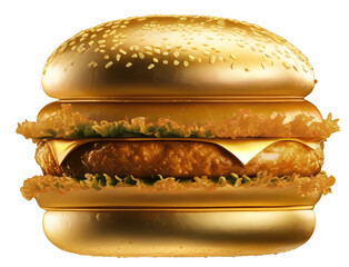Golden burger, fast food made of gold, luxury vip food on transparent background