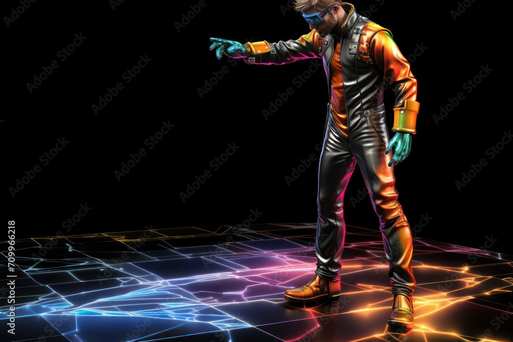 Poster man in futuristic suit pointing at something generative ai