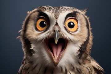 Happy surprised owl with open beak.