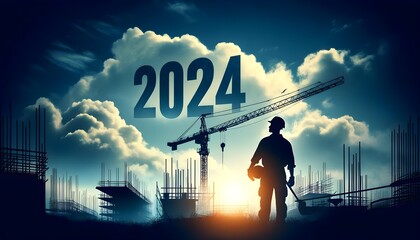 Silhouette of a Construction Worker Overlooking a Building Site at Dawn in the Year 2024
