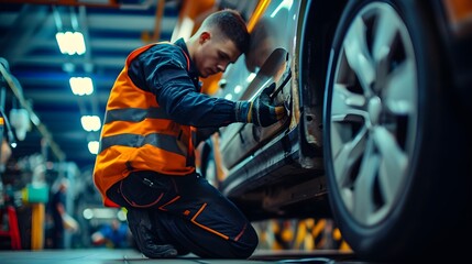 Fototapeta na wymiar Professional Auto Mechanic Inspecting and Repairing a Car Wheel