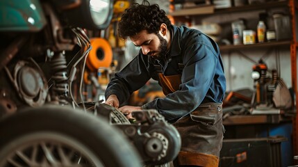 Focused Motorcycle Mechanic Fine-Tuning a Bike in a Workshop