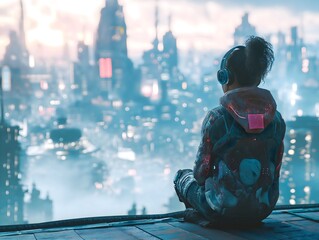 Contemplative Urban Dreamer: Young Person with Headphones Overlooking a Dazzling Cityscape at Dusk