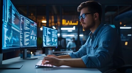 Cybersecurity Analyst Monitoring Data on Multiple Computer Screens in a Dark Office