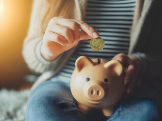 Saving for the Future: Person Inserting Coin into Piggy Bank