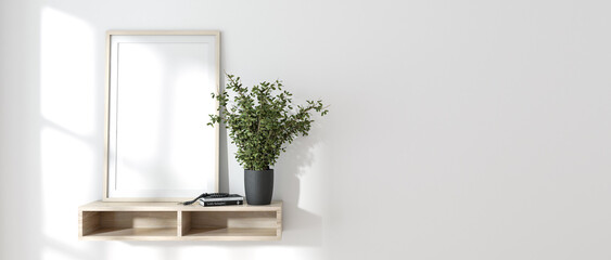 Minimalist interior featuring a sleek wooden shelf with a potted plant and a blank canvas, highlighted by the soft play of natural light 3D render