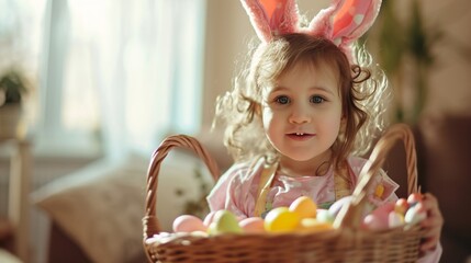 A child wearing bunny ears and holding a basket of decorated Easter eggs