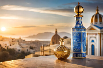 precious ceramic perfume flacon in antique greece background - obrazy, fototapety, plakaty