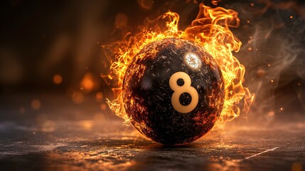 8 Ball on fire, dark fantasy, black eight ball snooker ball with flames around it edges and signs of extreme heat, generative ai - obrazy, fototapety, plakaty