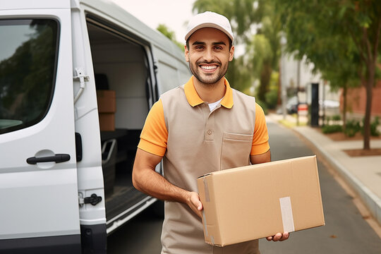 Delivery courier service. Delivery man in red cap and uniform holding a cardboard box near a van truck delivering to customer home