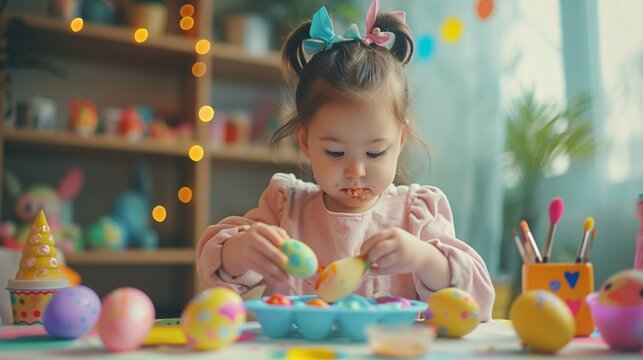A little one happily painting Easter eggs at a creative crafting station, surrounded by colorful paints and decorations, the HD camera capturing the artistic expression and joy during the festive 