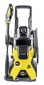 Pressure Washer Isolated on White Background. Professional High-Pressure Tool Car Cleaning Yellow-Black Color. High Pressure Washer Machine. Electric Household Appliances. Front View
