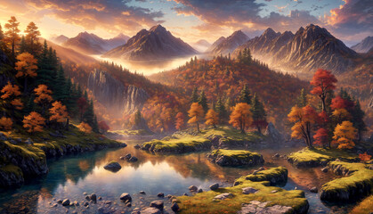 Tranquil body of water surrounded by autumnal trees, mountains, and rocks in the evening sunset with partly cloudy weather