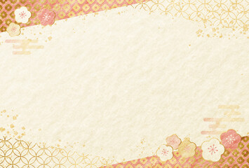 かわいい　ピンク　梅の和柄　和紙の背景