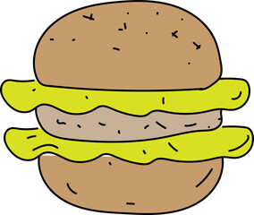 Hand drawn burger illustration on transparent background.
