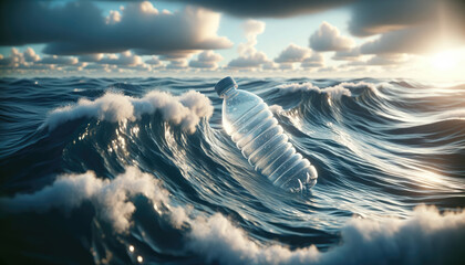 a single plastic water bottle polluting the ocean - obrazy, fototapety, plakaty