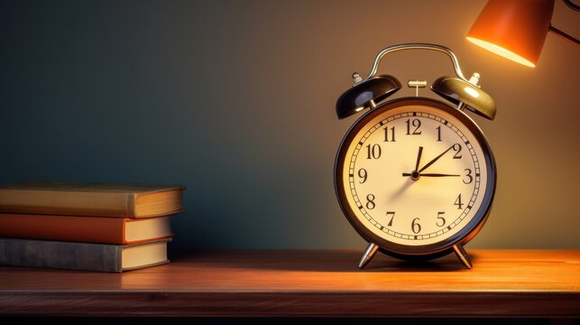 Classic retro old alarm clock on table against wall. AI generated image
