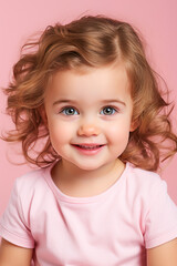 Naklejka premium Happy Little Girl Portrait. Joyful Child in a Pink World