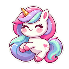 Fototapeta premium Generative AI Cute Little Unicorn Sticker, cute little baby unicorn sticker, cute tiny pegasus stickers, adorable baby stickers, lovely tiny unicorn stickers, cute little rainbow unicorn stickers