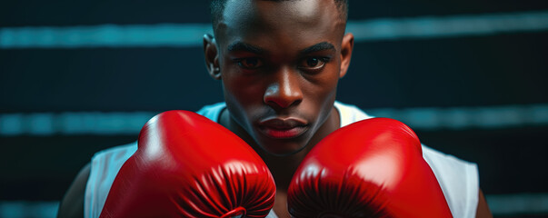 Confident young man with boxing gloves - obrazy, fototapety, plakaty