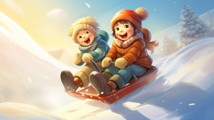 Happy children ride a sled down a snowy hill illustration in cartoon style. AI generated image