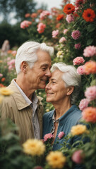 AI generated illustration of a loving elderly white couple surrounded by flowers
