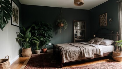 A Sanctuary Bedroom with Canopy Bed, Potted Plants, Vine Accents, and Gentle Lighting, Embracing Arts and Crafts Aesthetics