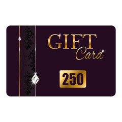 Gift card purple color with diamonds and gold, vector, 