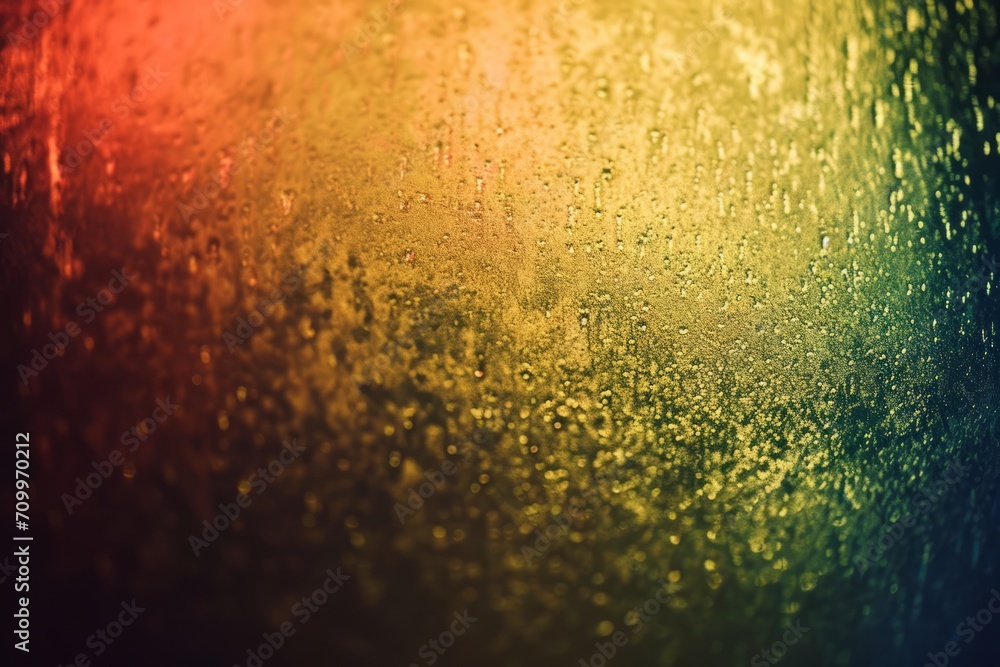 Poster close-up of water droplets on a surface with a gradient of warm colors from red to green.