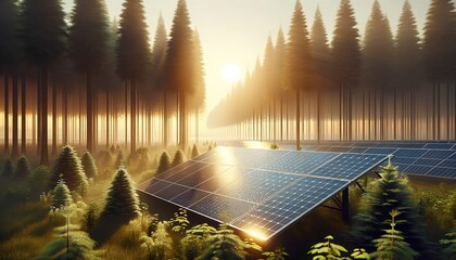 A vast solar panel farm stretches across a clearing in a dense forest, harnessing the suns power to generate sustainable green energy amidst nature.