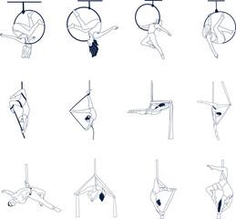 Girls. boy. Set of various acrobatic with a ribbon or hammock, hoop, rope. Stretching exercises. Anti-gravity relaxation. healthy lifestyle, Aerial silk.