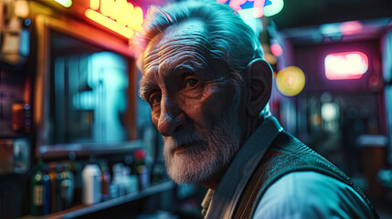 An elderly gentleman with a creative hairstyle in a bright barbershop, where neon signs give his t
