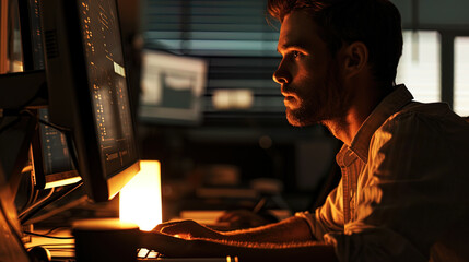 An employee, deepened into computer work, with a bright light of the monitor reflects on his face, - obrazy, fototapety, plakaty