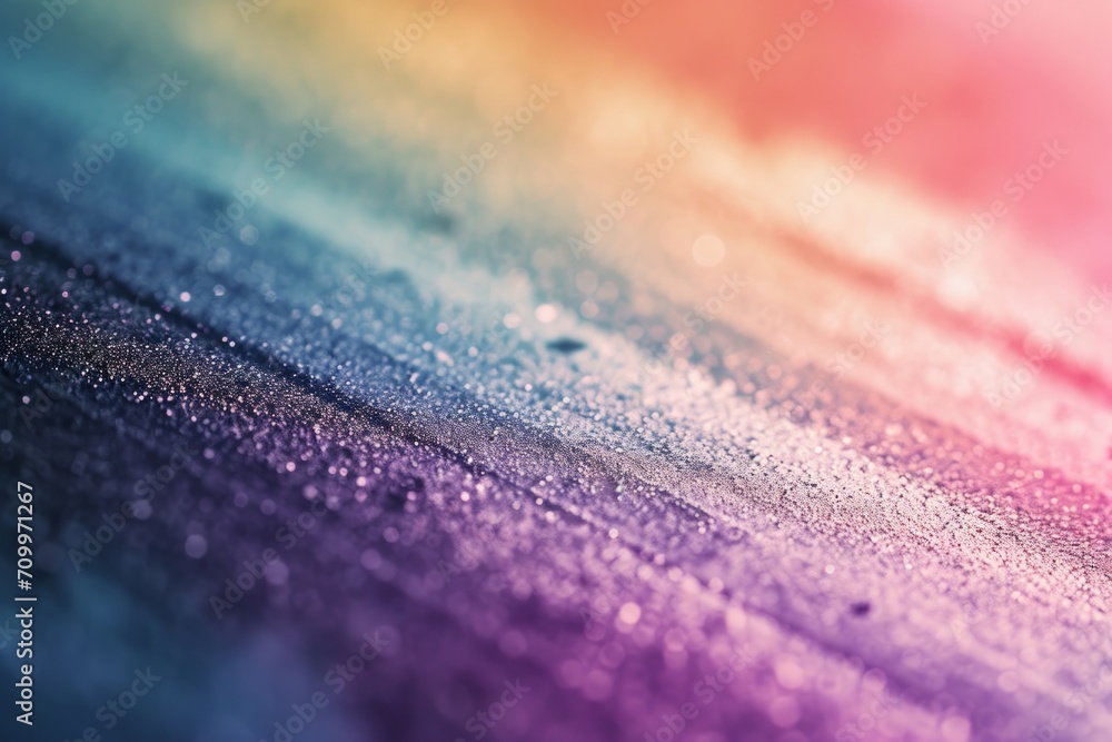 Poster close-up of a textured surface with sparkling particles over a gradient from purple to orange, creating a magical, dreamlike quality.