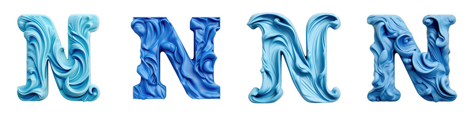 Blue Plasticine style lettering, alphabet, logotype, letter N isolated on a transparent background