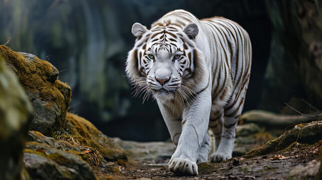 A photograph of a white tiger, slowly walking in its natural environment, conveys a feeling of ele