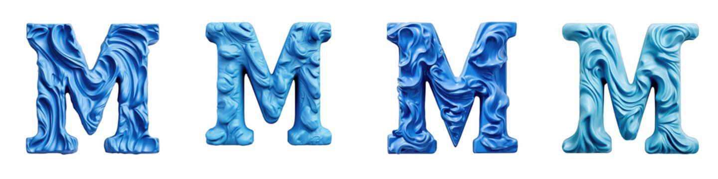 Blue Plasticine style lettering, alphabet, logotype, letter M isolated on a transparent background