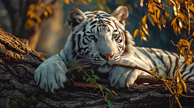 A photo of a white tiger playing with a twig creates a touching moment of tenderness and playfulne